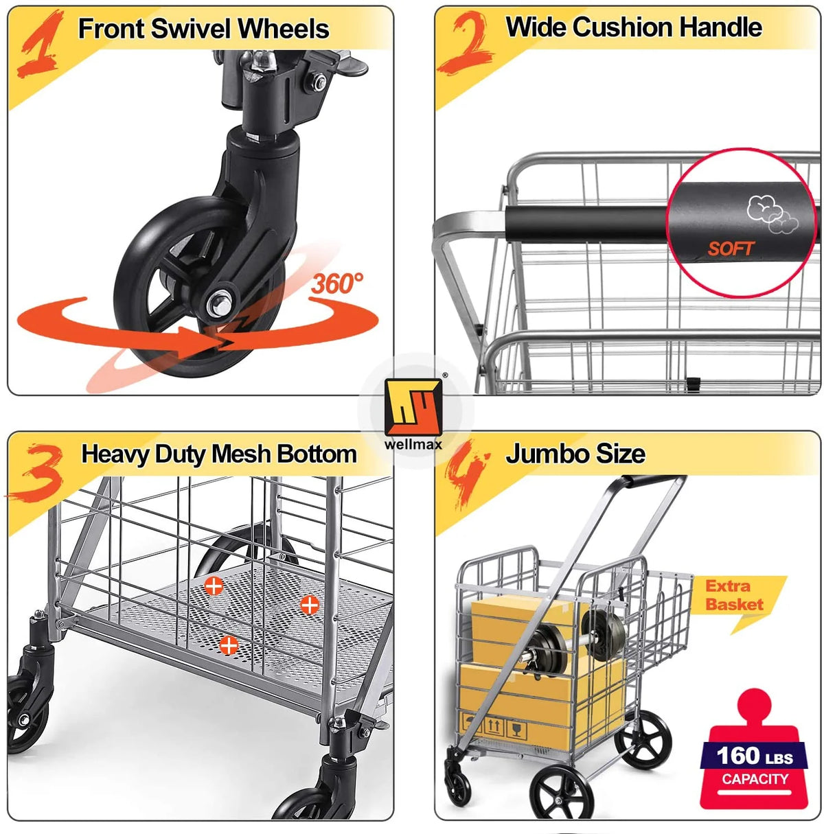 Wellmax Folding Metal Grocery Shopping Cart With Wheels, 31 x 24.5 x 40 Inches - WM99028S