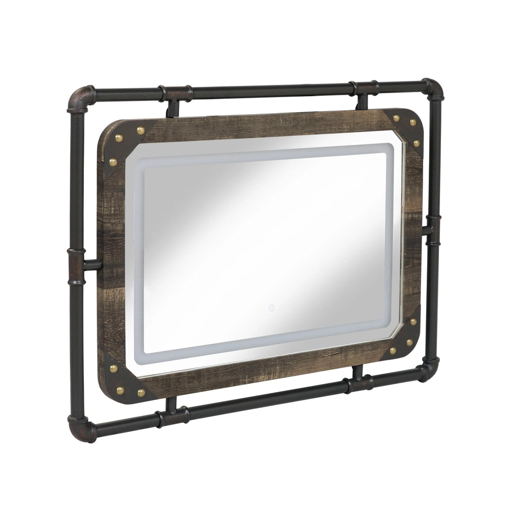 Industrial Metal Wall Mirror With LED Lights, 23.63in H x 31.5in W x 1.5in D