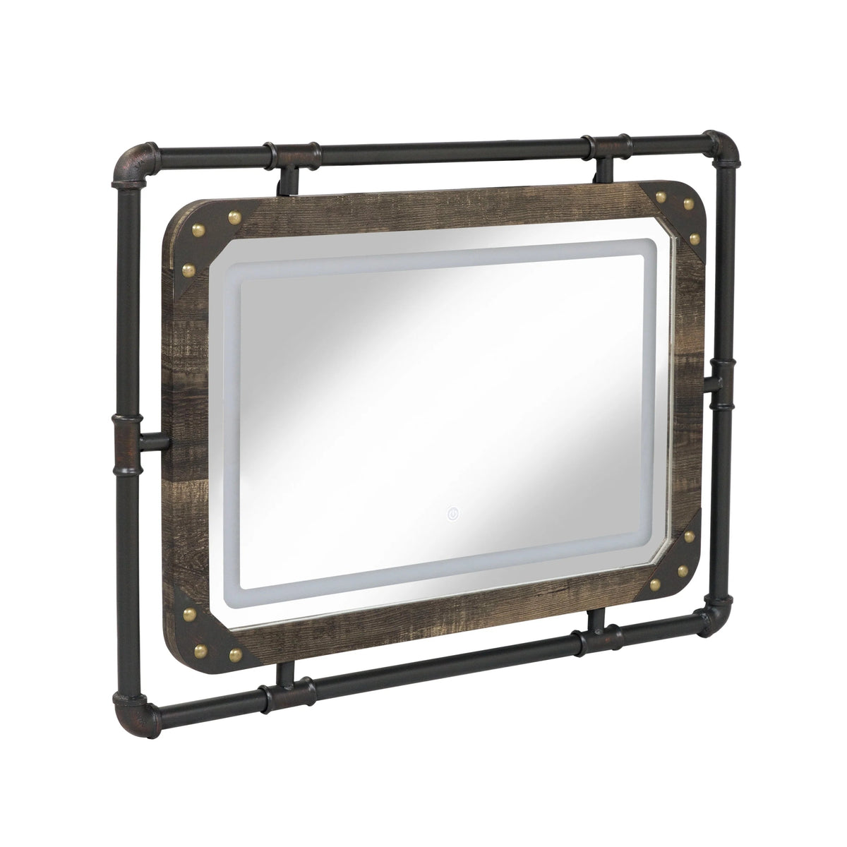 Industrial Metal Wall Mirror With LED Lights, 23.63in H x 31.5in W x 1.5in D