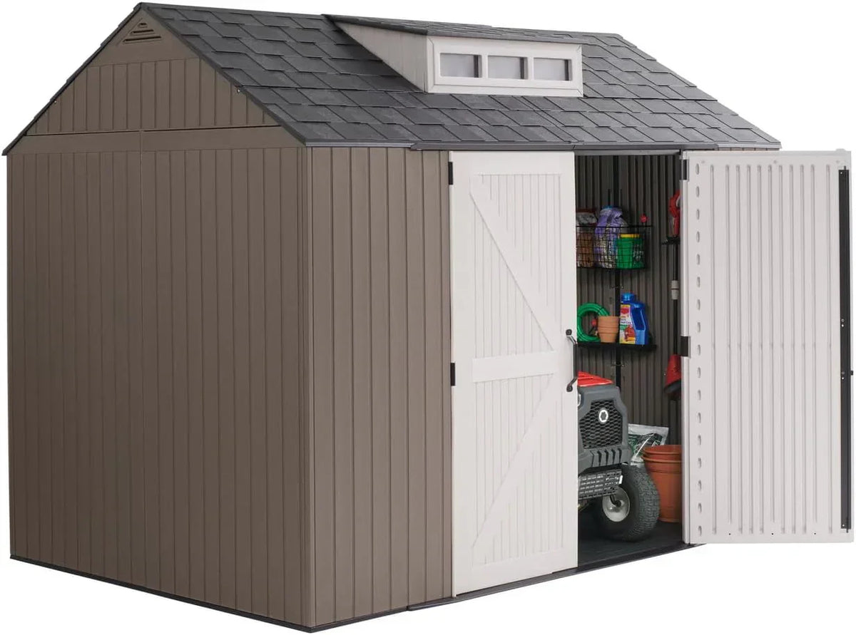 Rubbermaid Resin Outdoor Storage Shed With Floor, 7x7 ft, Gray
