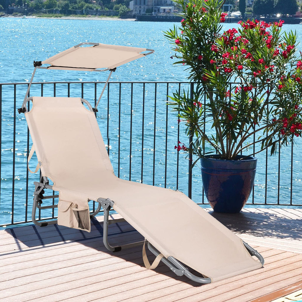 Folding Lounge Chair with Canopy, Storage Pocket, and 5 Adjustable Positions