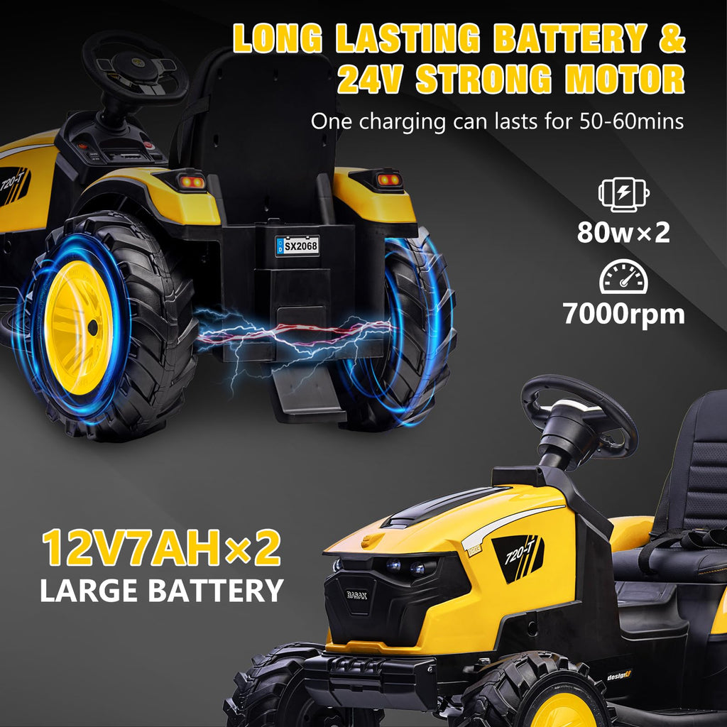 3-in-1 24V Electric Ride-On Tractor With Excavator And Bulldozer - Bright Yellow