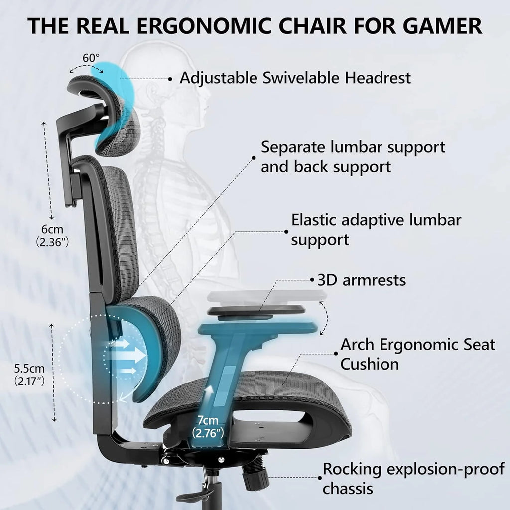 Primy Ergonomic Gaming Office Chair, 23 in D x 12 in W x 20 in H - PR988ZK