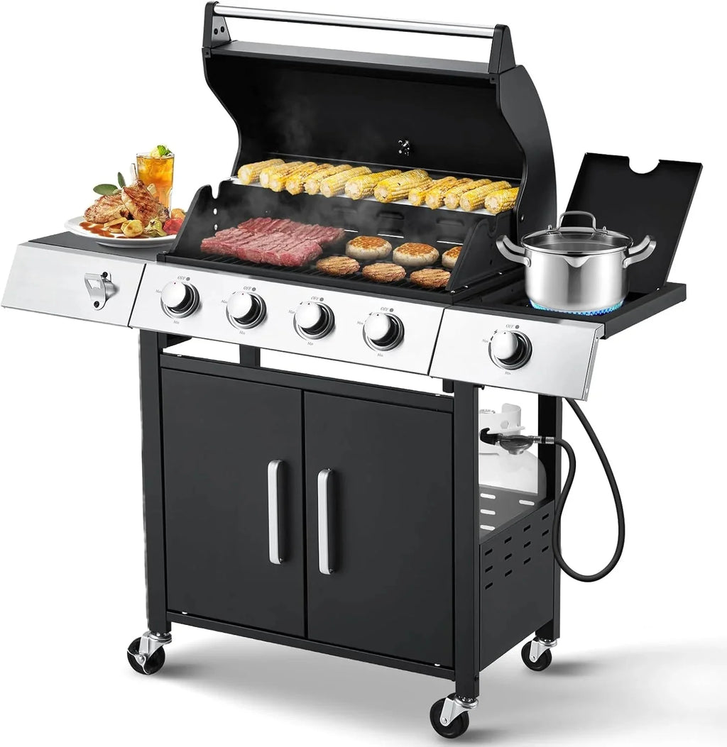 MELLCOM 4 Burner Propane Gas Grill With Cast Iron Grates And Side Stove, 44,000 BTU, Black - BBQ-4+1