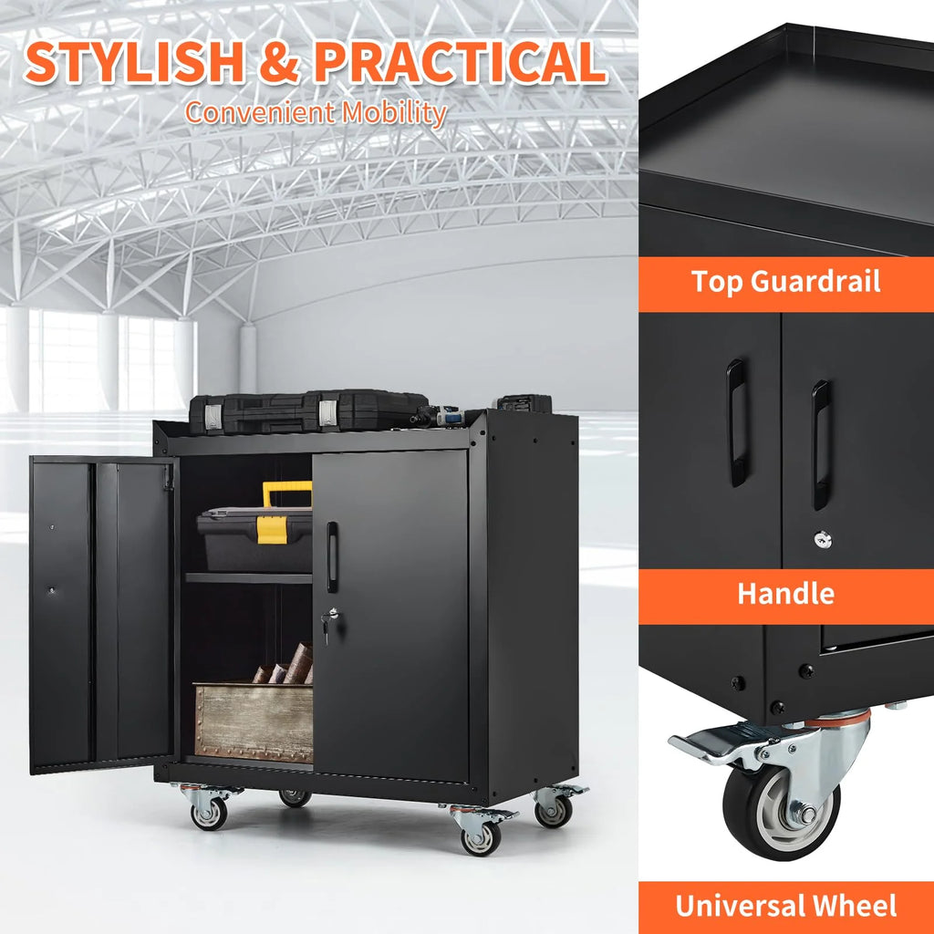 Lockable Metal Garage Storage Cabinet With Wheels, 2 Doors, 34 H X 30.3 L X 18 W - Garage Storage Cabinets