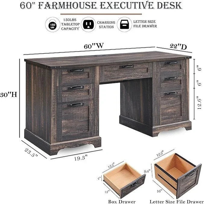 60' Farmhouse Wood Executive Computer Desk - 22'D x 60'W x 30'H