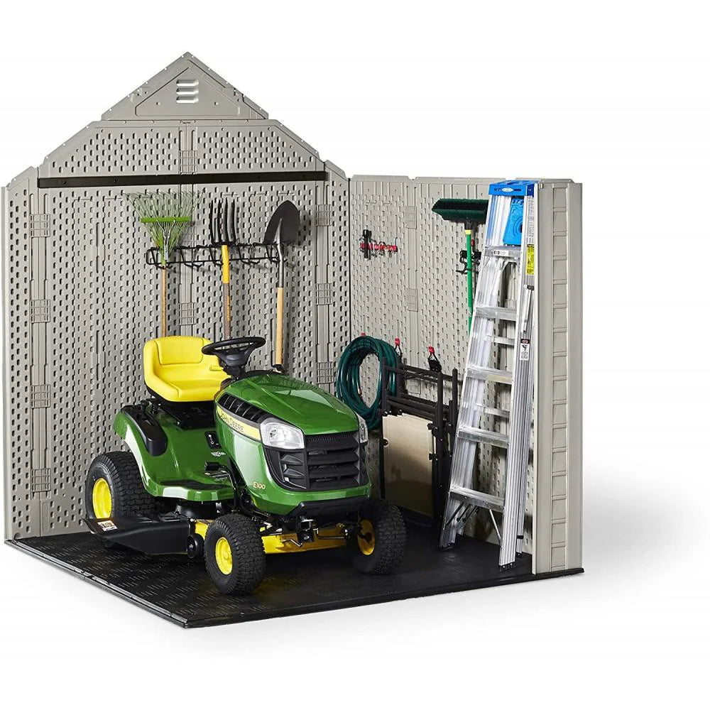 Rubbermaid Resin Outdoor Garden Storage Shed 7 x 7 ft, Sand - With Windows And Utility Hooks