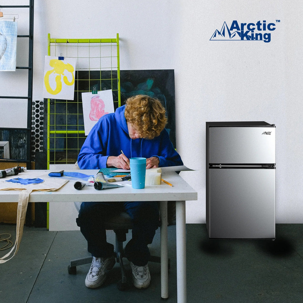 Arctic King Two-Door Mini Fridge With Freezer, 3.2 Cu ft, 18.5 in x 19.4 in x 33.3 in, Stainless Steel - E-Star