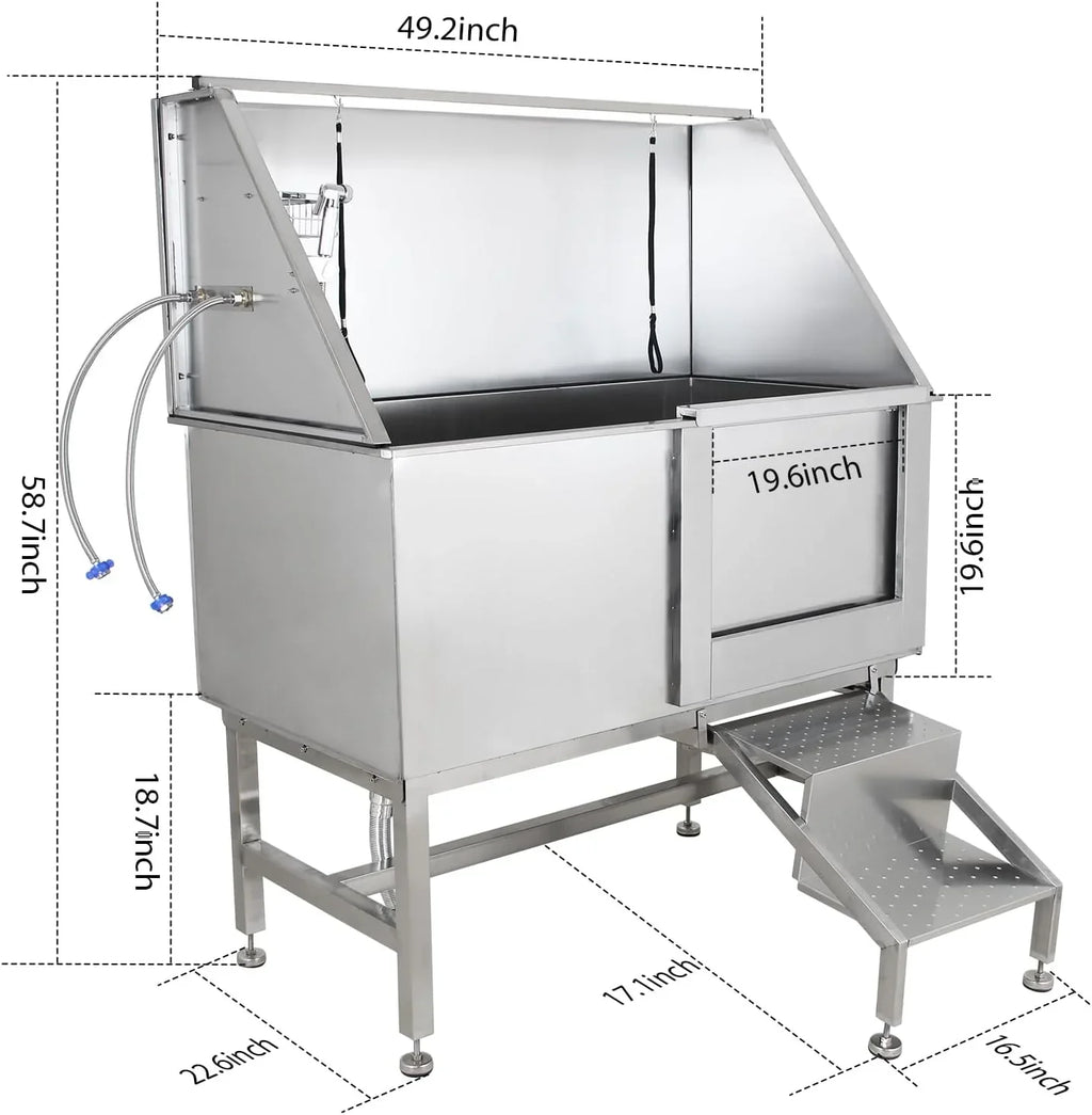 Stainless Steel Dog Grooming Tub With Ramp, Faucet And Sprayer - 50 inch Pet Wash Station