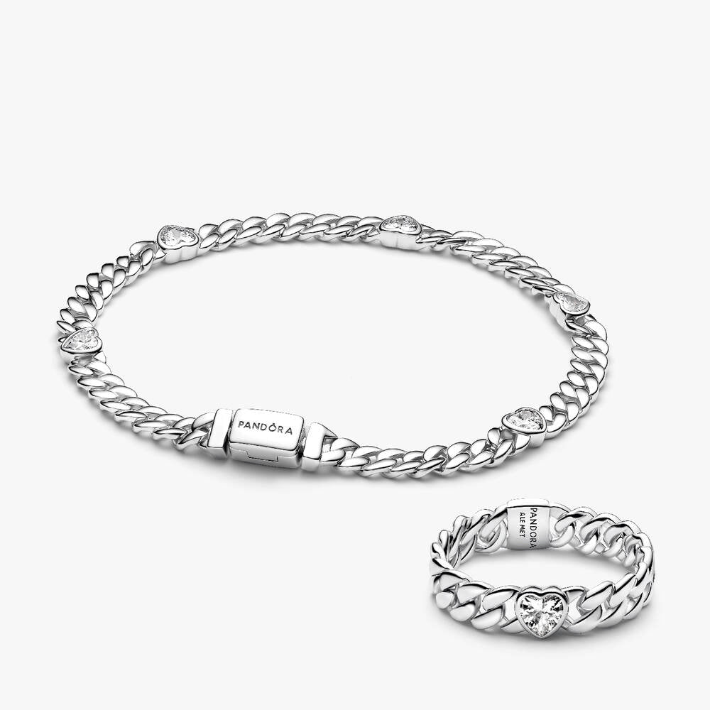 Silver Heart Cuban Chain Bracelet & Ring Set
