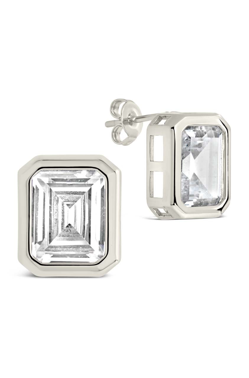 Camille Bezel CZ Statement Stud Earrings in Silver