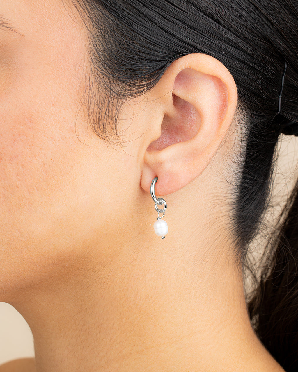 Pearl Drop Hoop Earrings - view 3