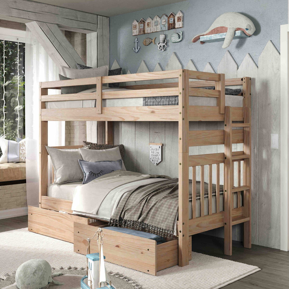 Birch Lane Boone Twin Over Twin Bunk Bed with Storage Drawers, Honey Finish