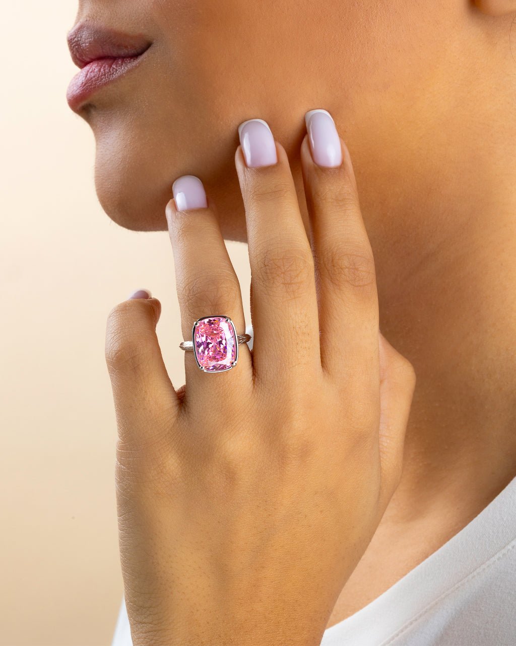 Elongated Cushion Pink Sapphire CZ Cocktail Ring - view 8