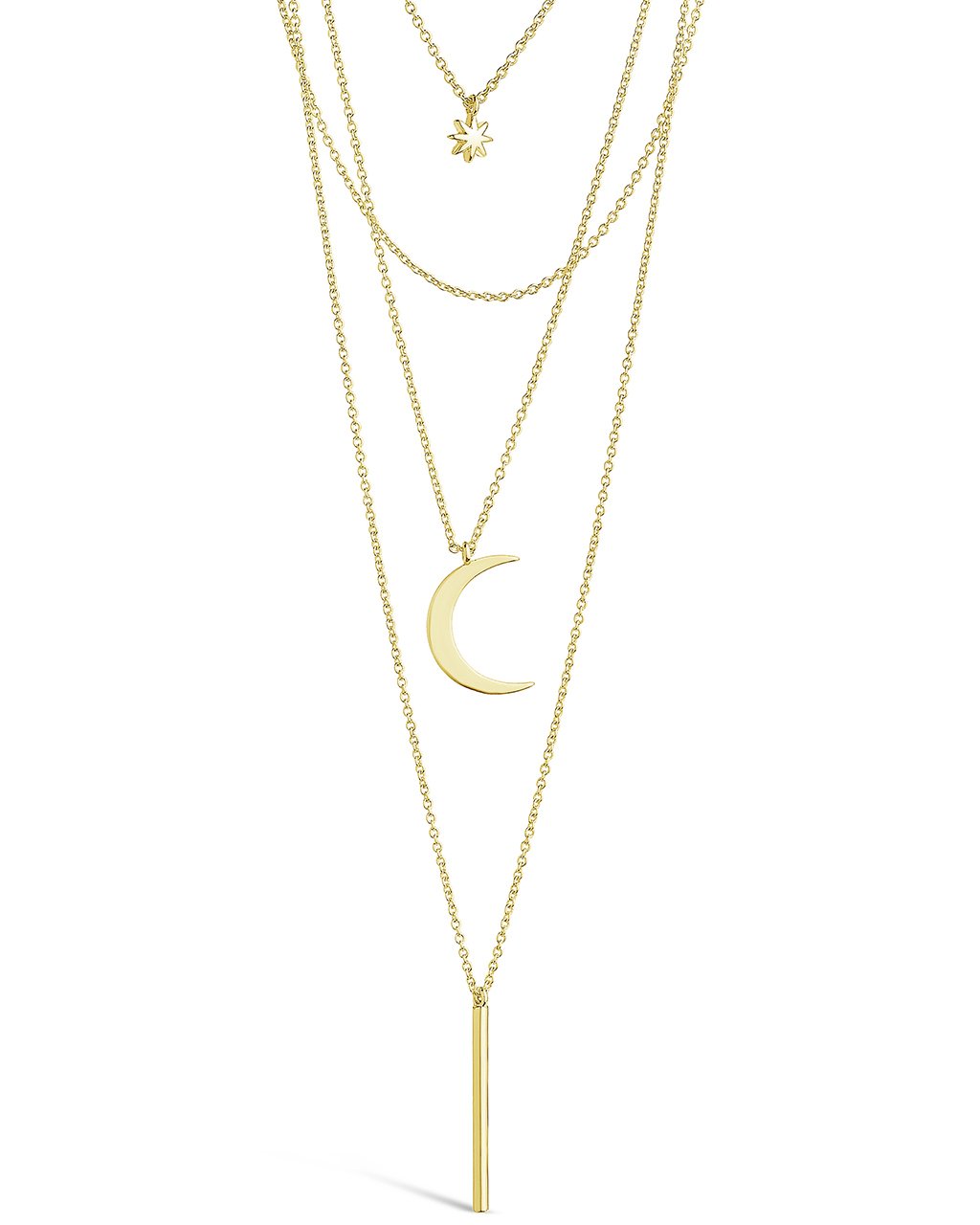 Crescent & Bar Multi Layer Necklace - 14K Gold or Rhodium Plated