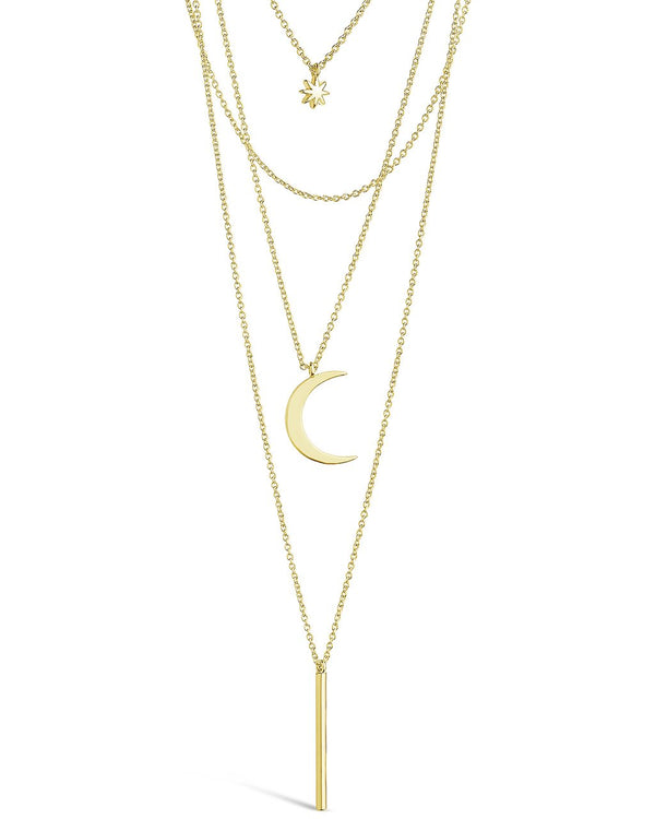 Crescent & Bar Multi Layer Necklace - 14K Gold or Rhodium Plated
