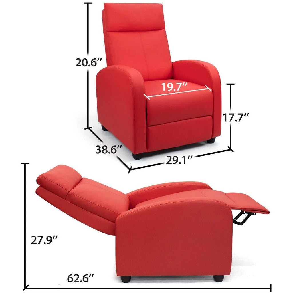PU Leather Recliner Chair, 27.6 x 35.8 x 38.6 in, 3 Reclining Positions