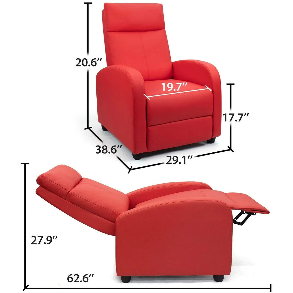PU Leather Recliner Chair, 27.6 x 35.8 x 38.6 in, 3 Reclining Positions