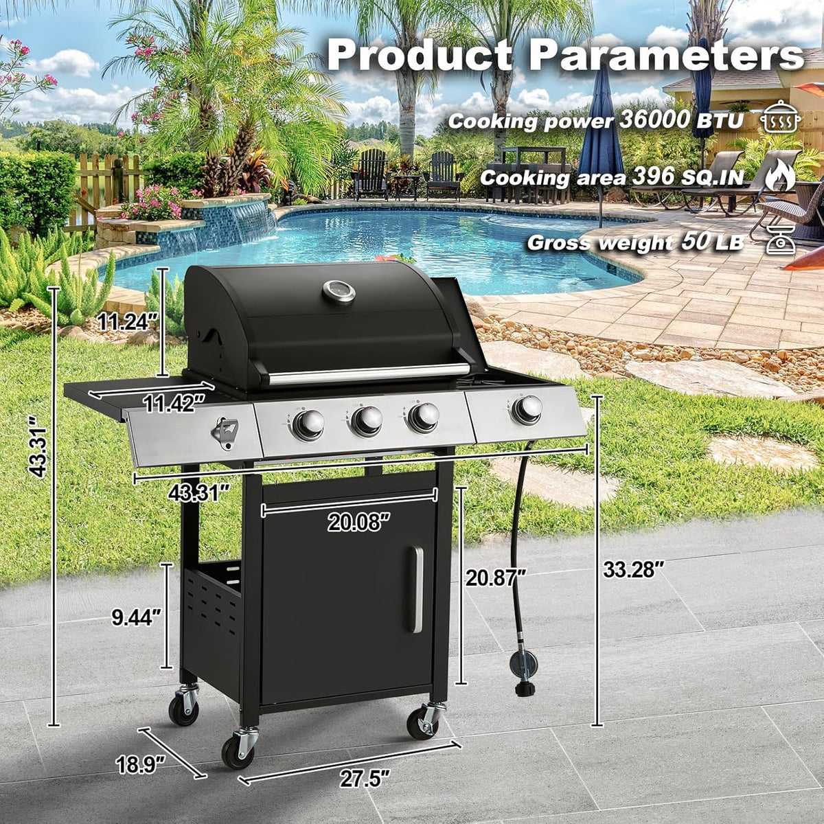 MELLCOM 4 Burner Propane Gas Grill With Cast Iron Grates And Side Stove, 44,000 BTU, Black - BBQ-4+1