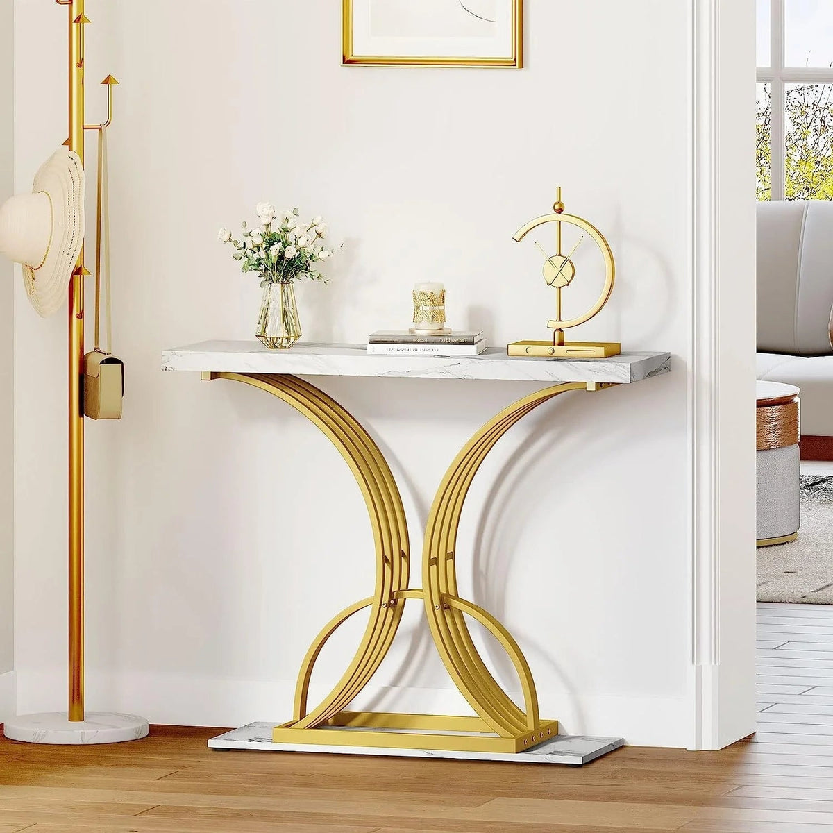 Console Table With Faux Marble MDF Top And Gold Metal Frame