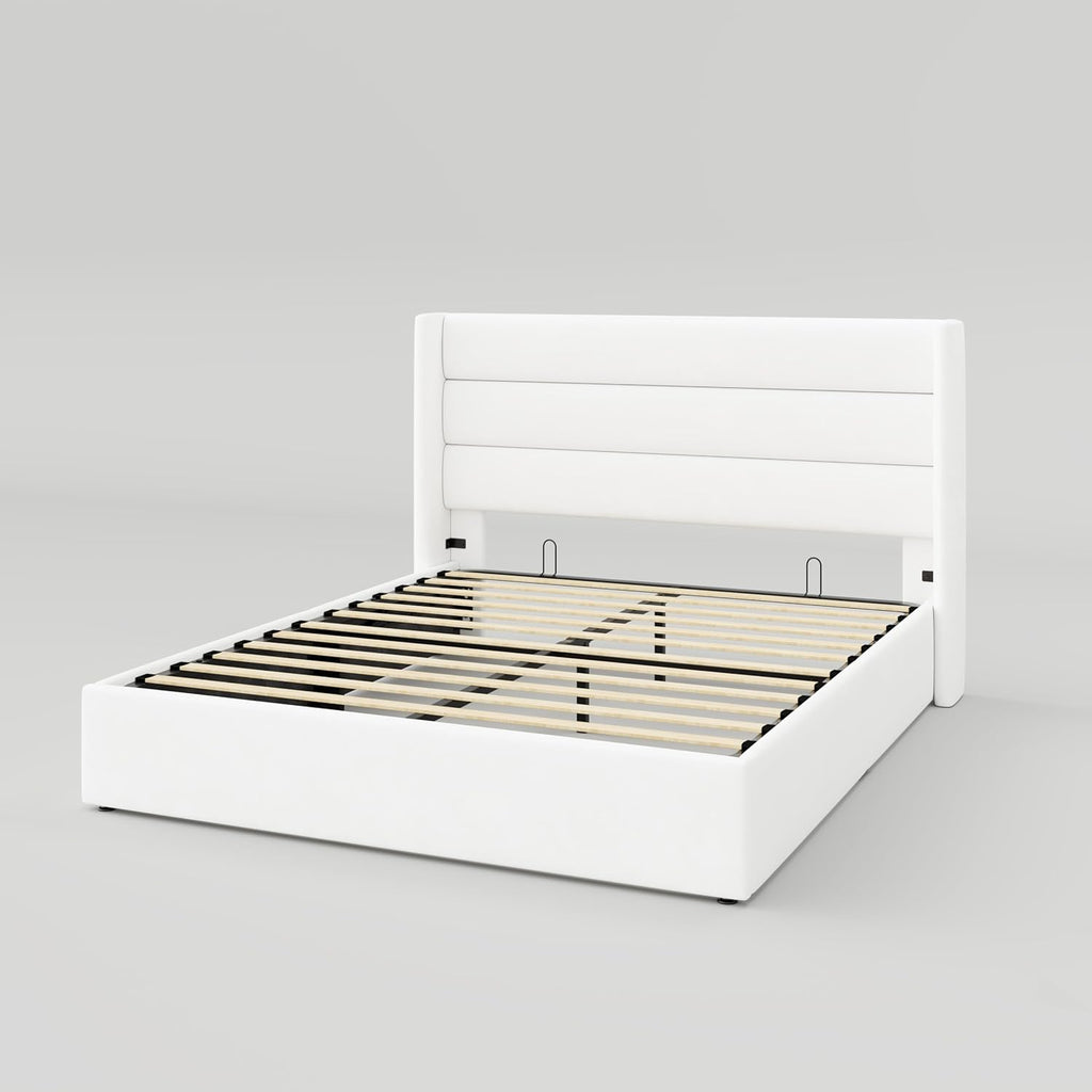 Queen Size Lift-Up Storage Bed With Wingback Headboard, Upholstered Platform Bed Frame With Hidden Storage
