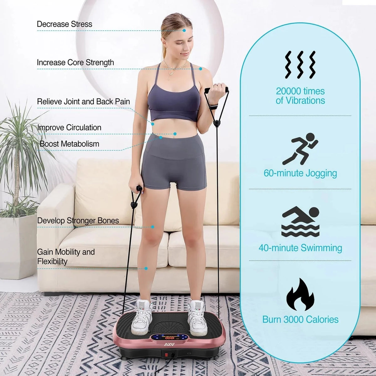 AXV Vibration Plate Fitness Platform, Gray, 2 Resistance Bands - Slim-Gray