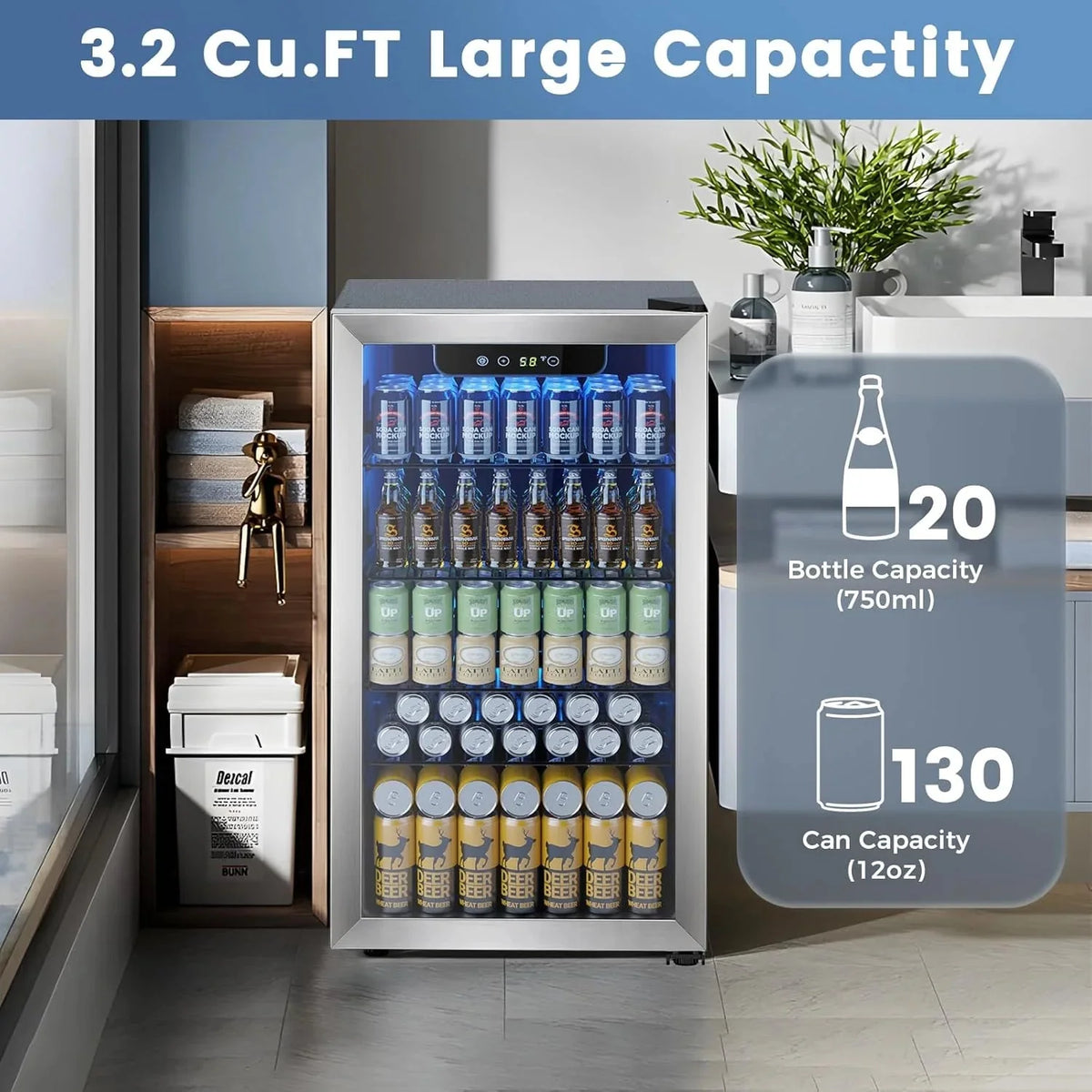 Electactic 3.2 Cu Ft 130 Can Beverage Refrigerator Cooler, Black, 19.29 x 17.32 x 30.79 inches - JC-90