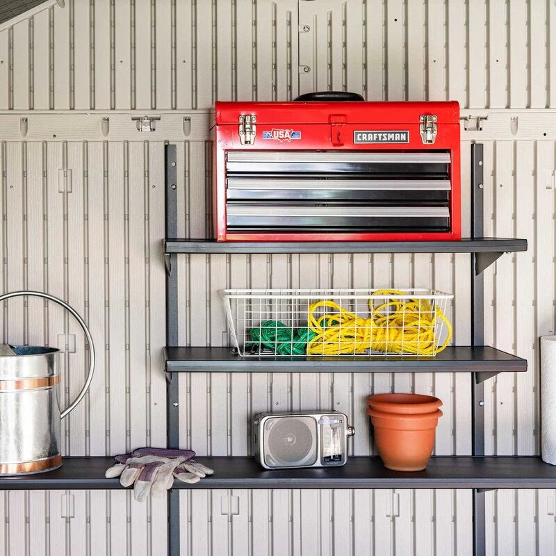 Plastic Storage Shed, 8 ft. W x 12.5 ft. D, Desert Tan And Dark Brown