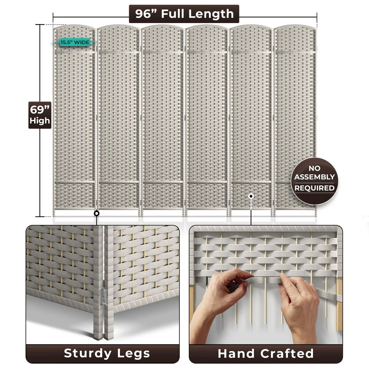 6-Panel Room Divider Privacy Screen With Hand-Woven Mesh Panels - 6 Ft Tall