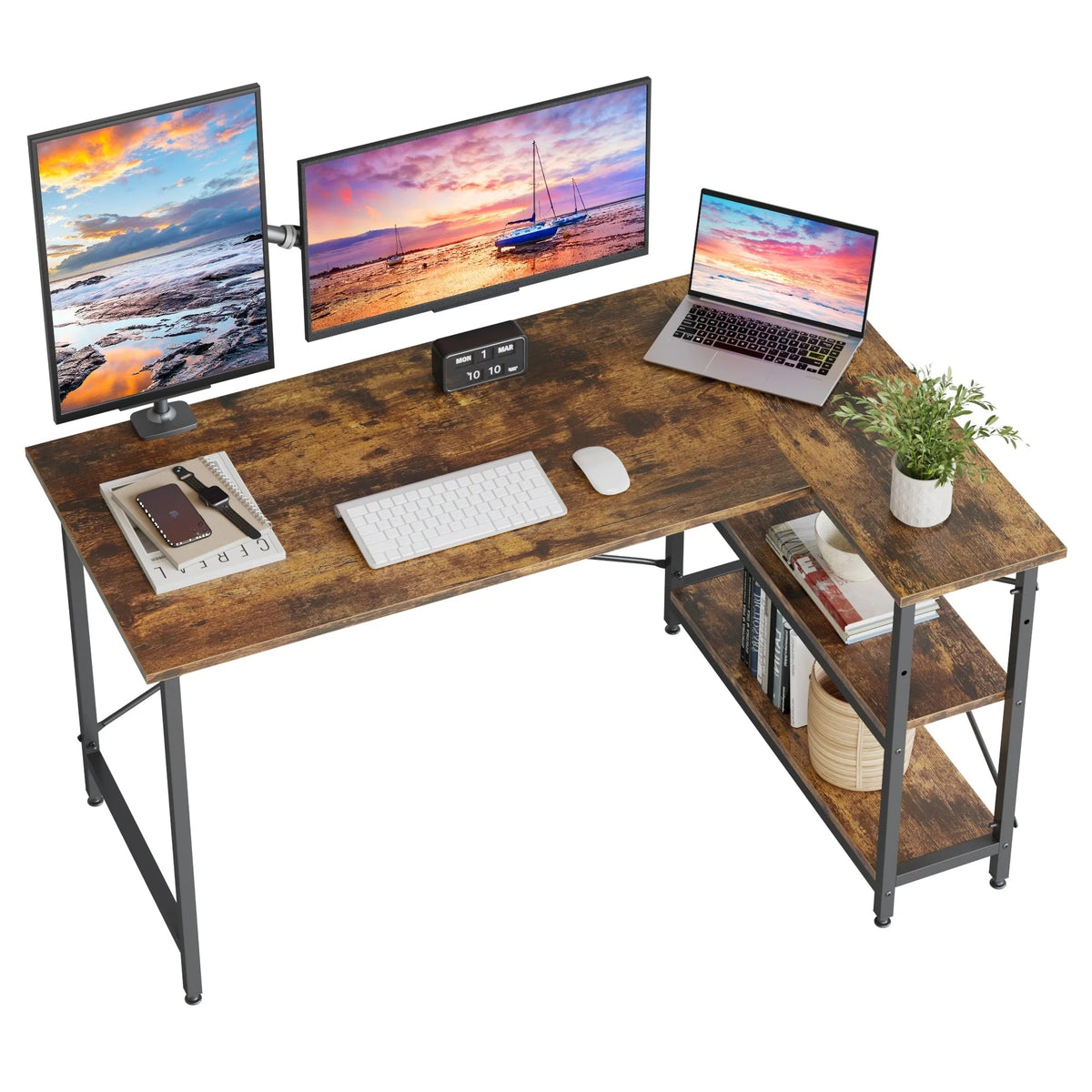 Small L-Shaped Computer Desk With Reversible Storage Shelves - 55-Inch / 47-Inch