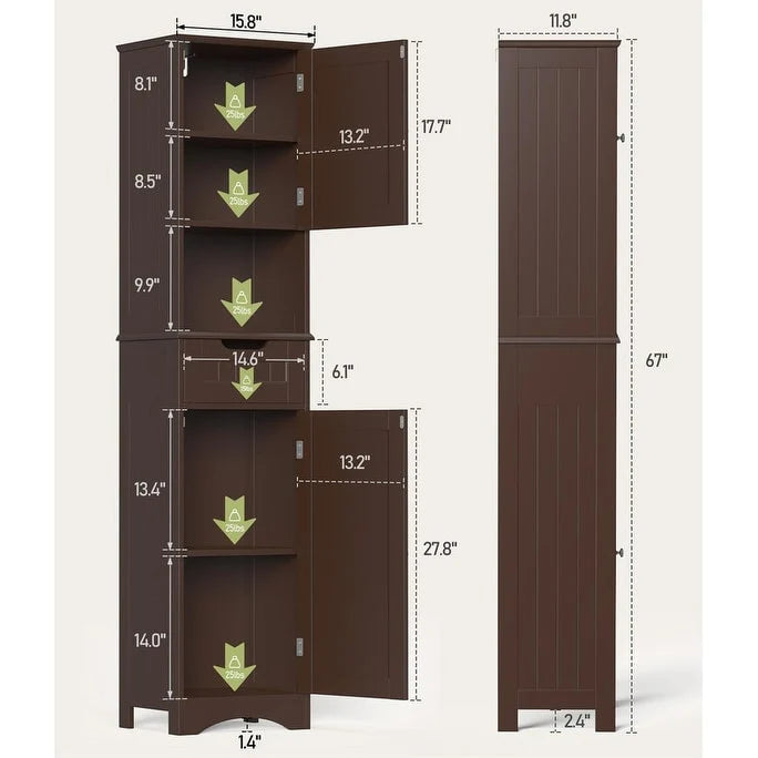 67 Inch Tall Narrow Bathroom Linen Storage Cabinet, 5-Tier Solid Wood Freestanding