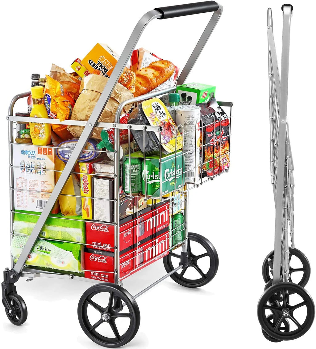 Wellmax Folding Metal Grocery Shopping Cart With Wheels, 31 x 24.5 x 40 Inches - WM99028S