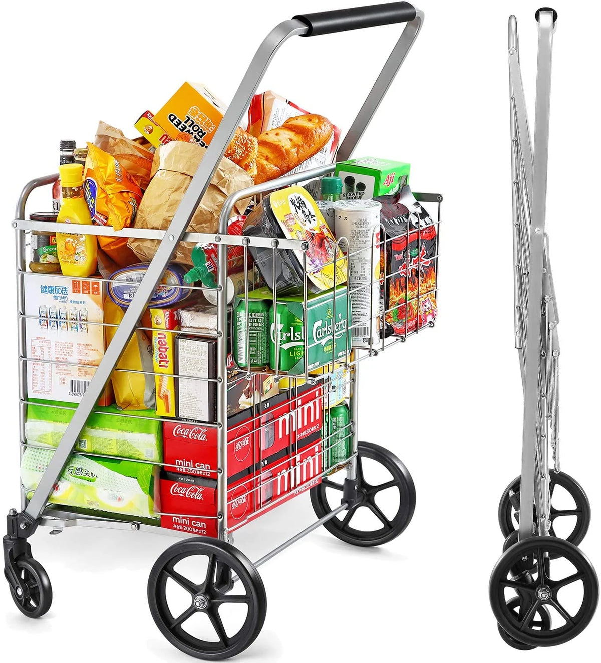 Wellmax Folding Metal Grocery Shopping Cart With Wheels, 31 x 24.5 x 40 Inches - WM99028S