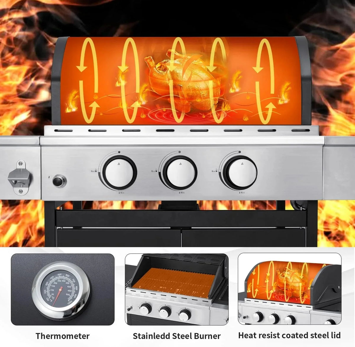 MELLCOM 4 Burner Propane Gas Grill With Cast Iron Grates And Side Stove, 44,000 BTU, Black - BBQ-4+1