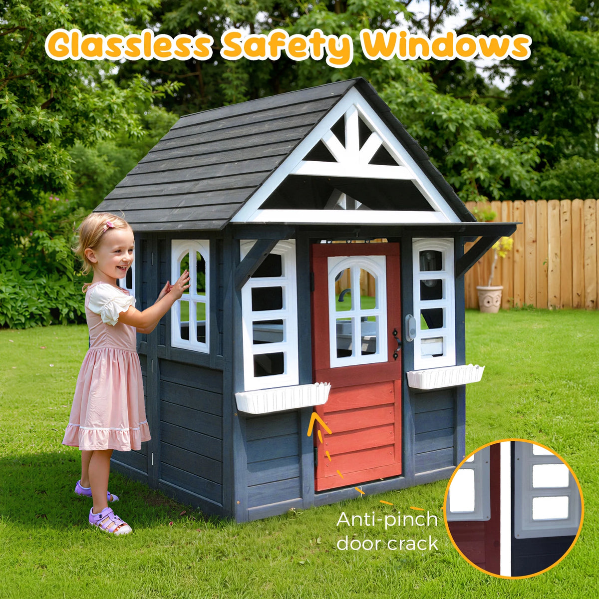 COCLUB Wooden Outdoor Playhouse With Doorbell, Phone And Kitchen Toys, 45in L x 43in W x 65in H