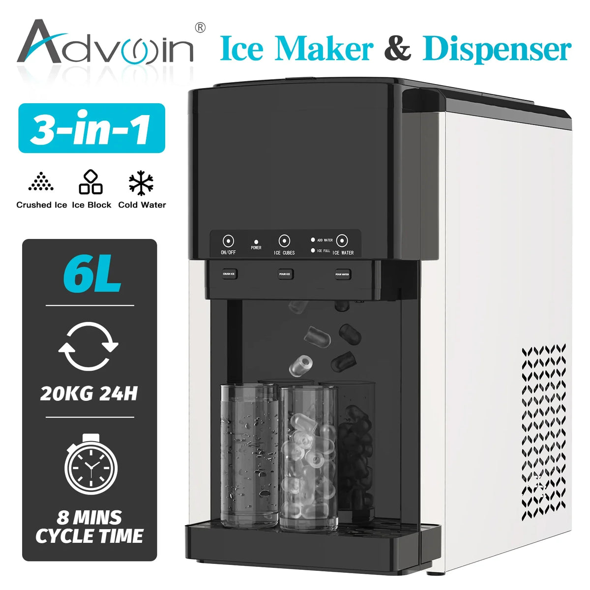Advwin 3-in-1 Countertop Ice Maker With Cold Water Dispenser And Ice Crusher, 6L, 20kg/24hr
