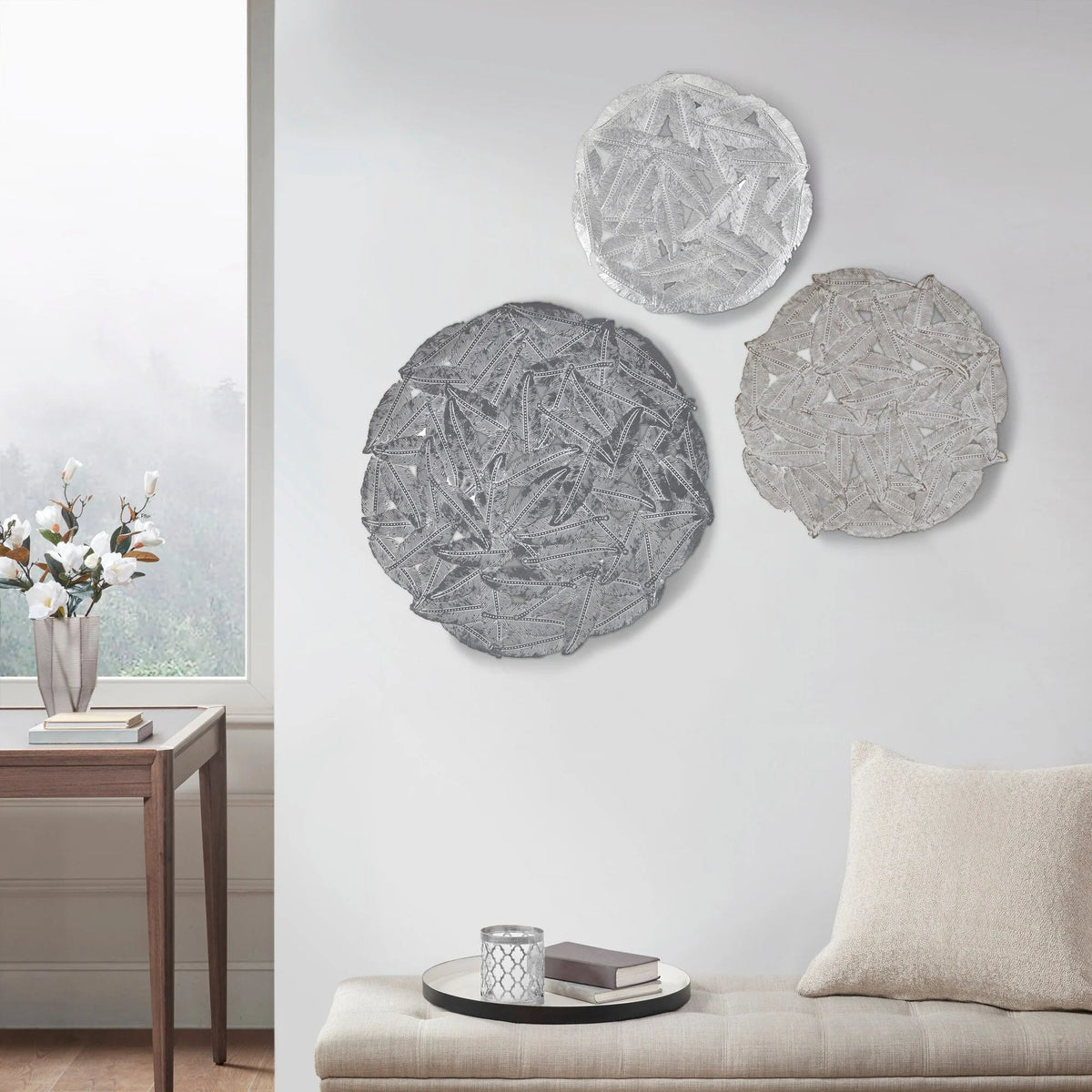 Textured Feather 3-Piece Metal Disc Wall Decor Set - 20in, 17.25in, 14.25in