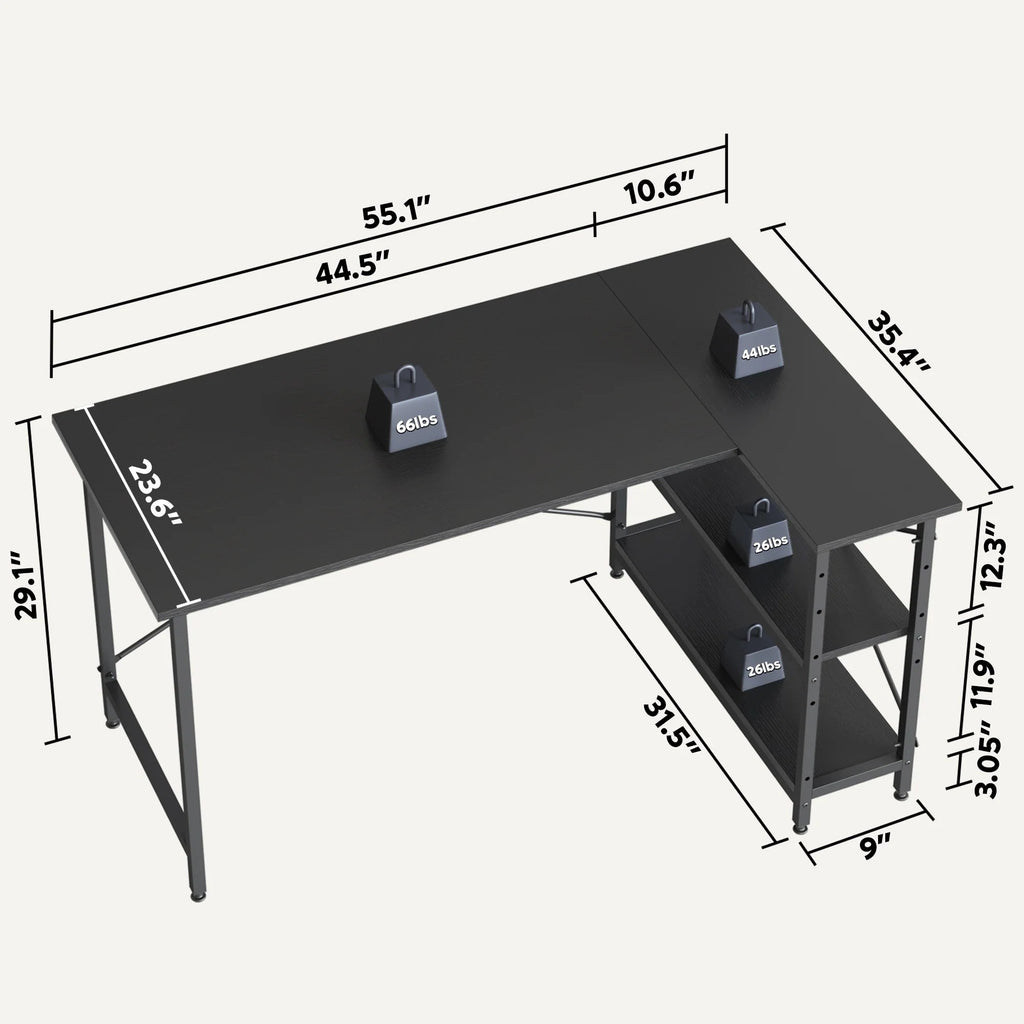 Small L-Shaped Computer Desk With Reversible Storage Shelves - 55-Inch / 47-Inch