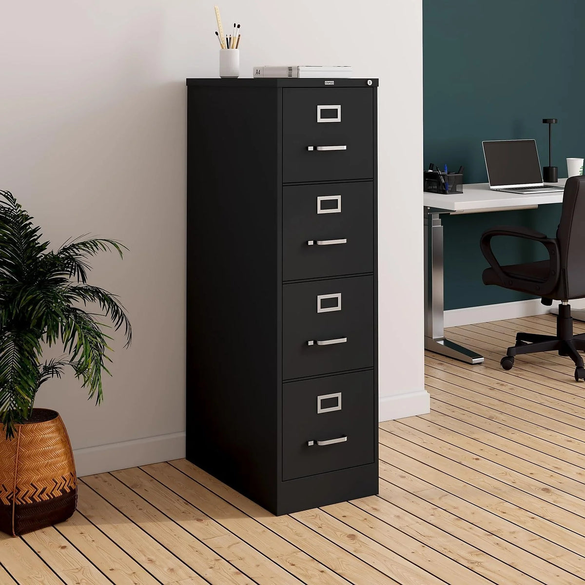 STAPLES 4-Drawer Lockable File Cabinet, Black, 25 in D x 15 in W