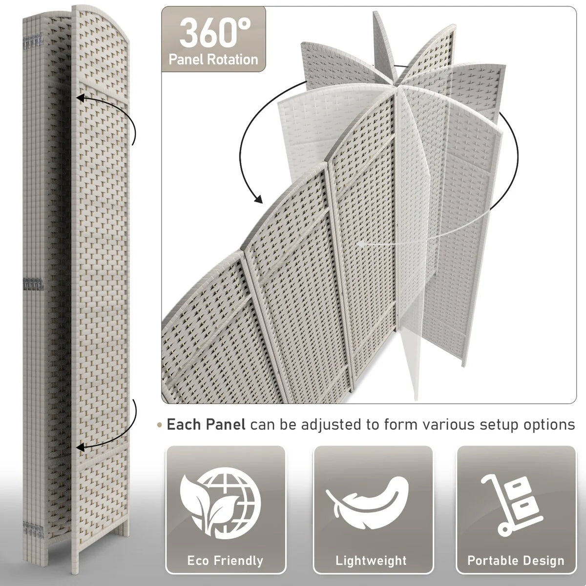 6-Panel Room Divider Privacy Screen With Hand-Woven Mesh Panels - 6 Ft Tall