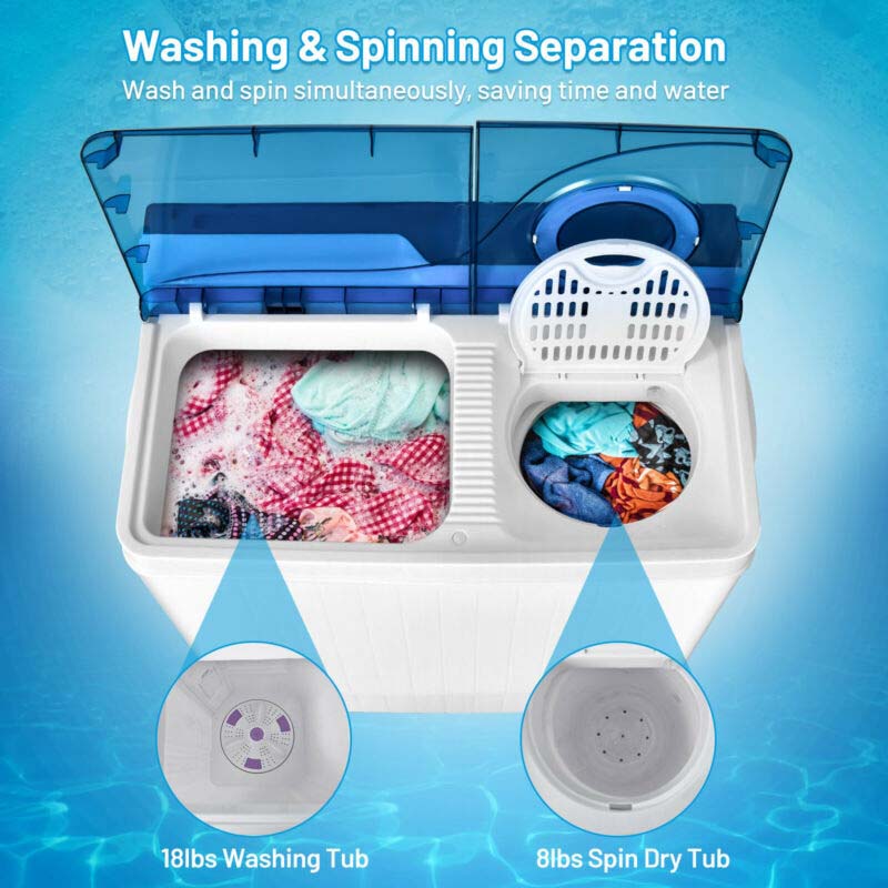Portable Twin Tub Washer Dryer Combo With Drain Pump, 26 LBS - Blue/Gray