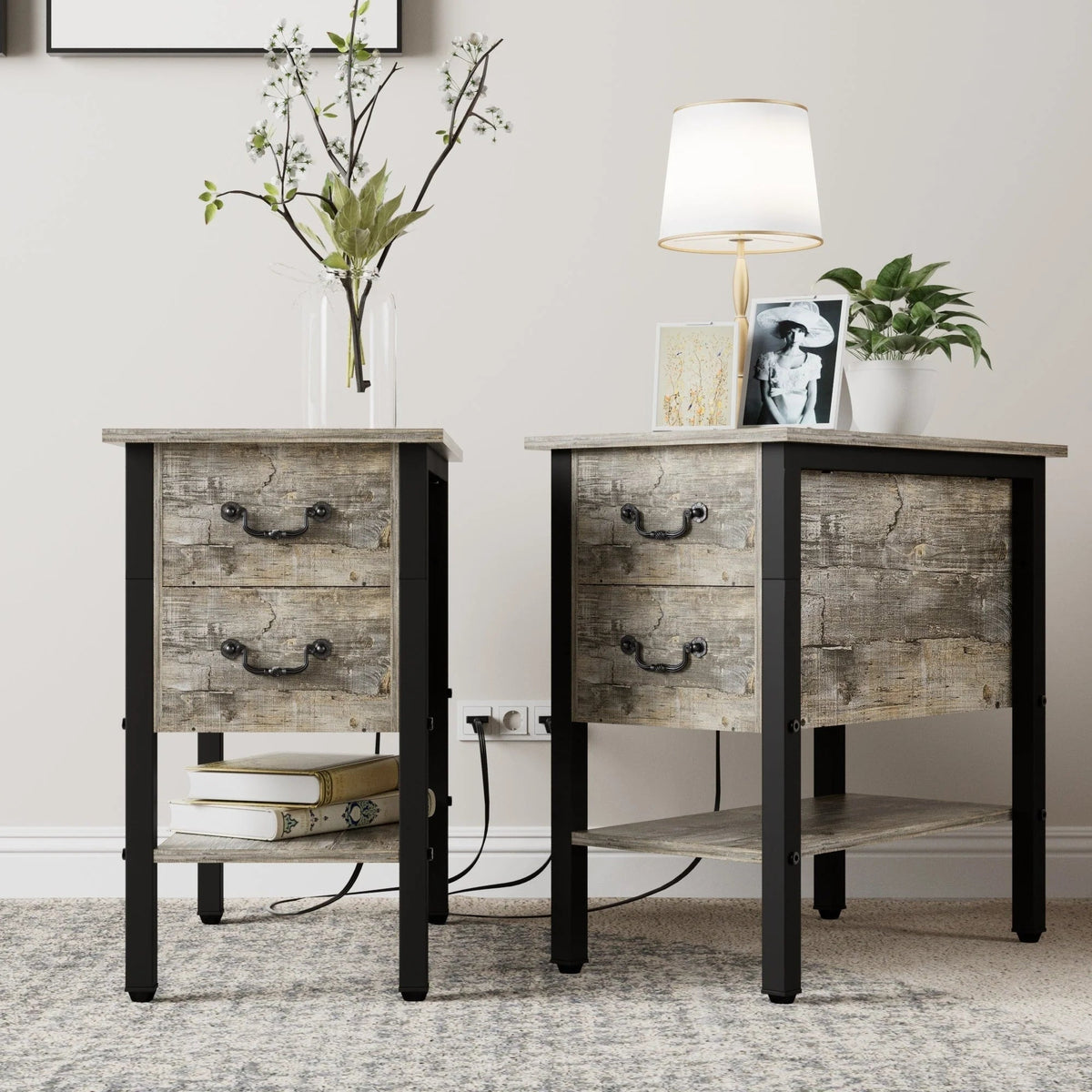 Narrow End Table With Charging Station, 2 Drawers, 19.6 in L x 11.8 in W x 23.6 in H, Gray/Black - 1-pcs / 2-pcs