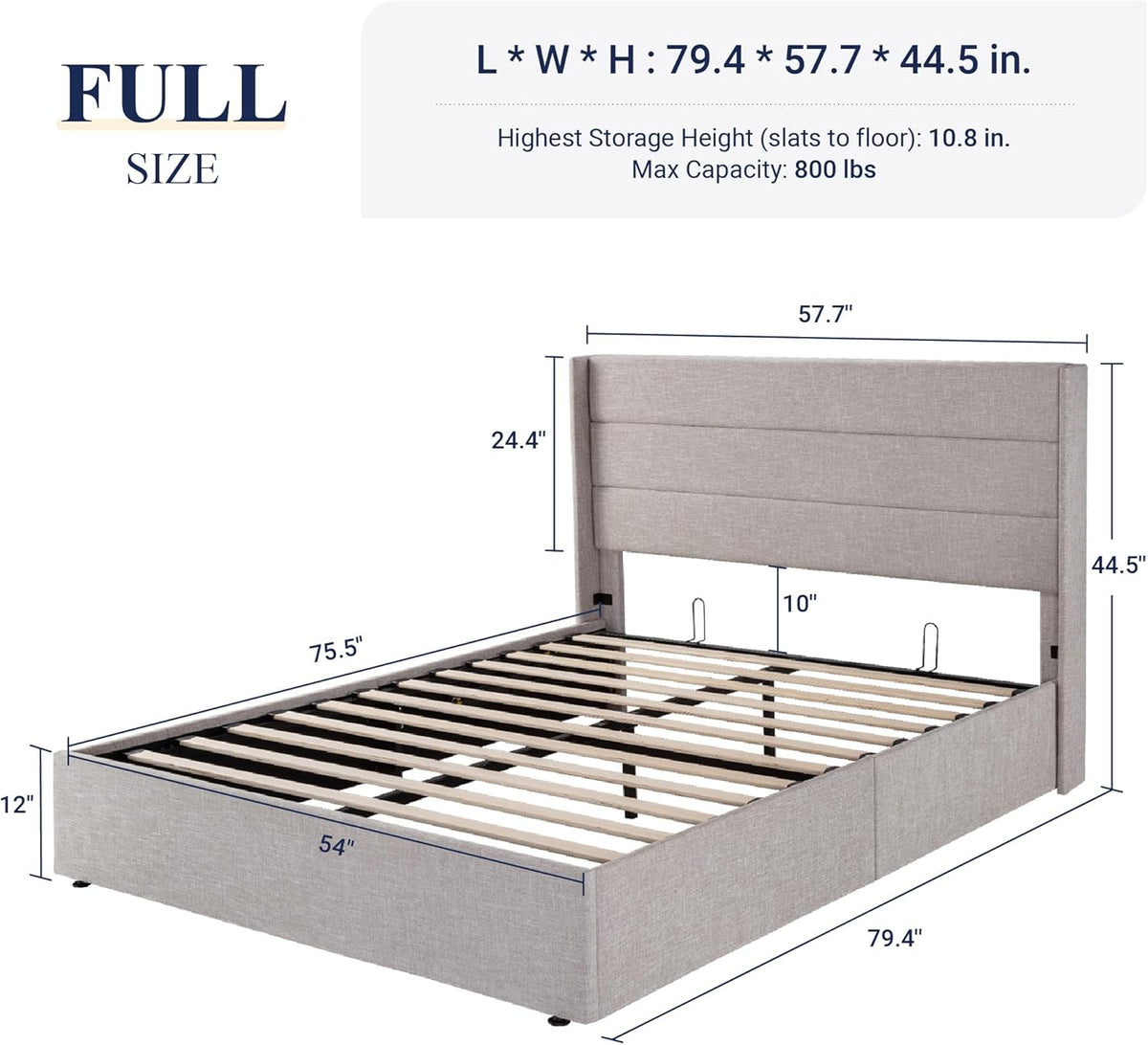 Queen Size Lift-Up Storage Bed With Wingback Headboard, Upholstered Platform Bed Frame With Hidden Storage