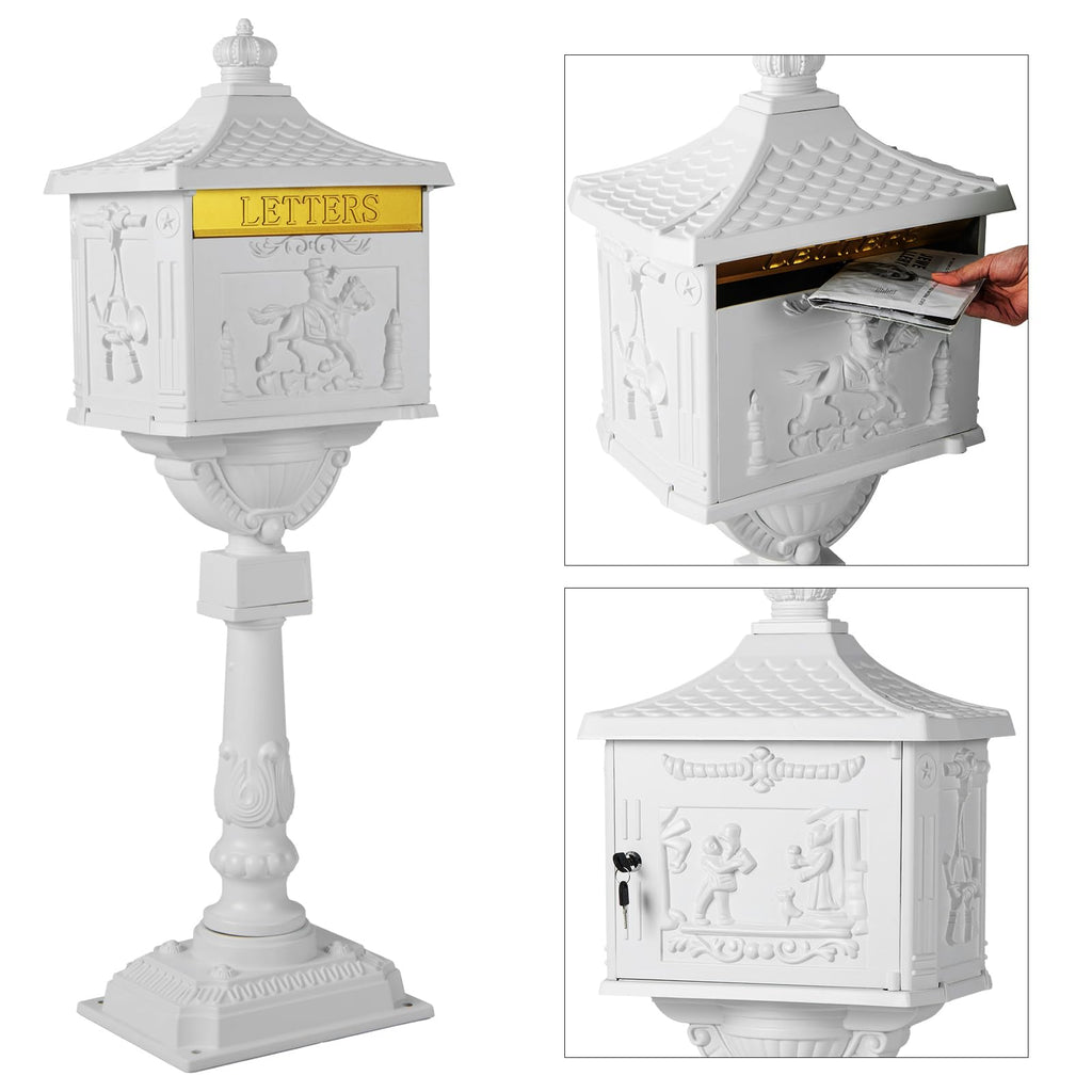 Cast Aluminum Lockable Mailbox With Post, 14 x 11.5 x 46 in - White, Black Or Bronze