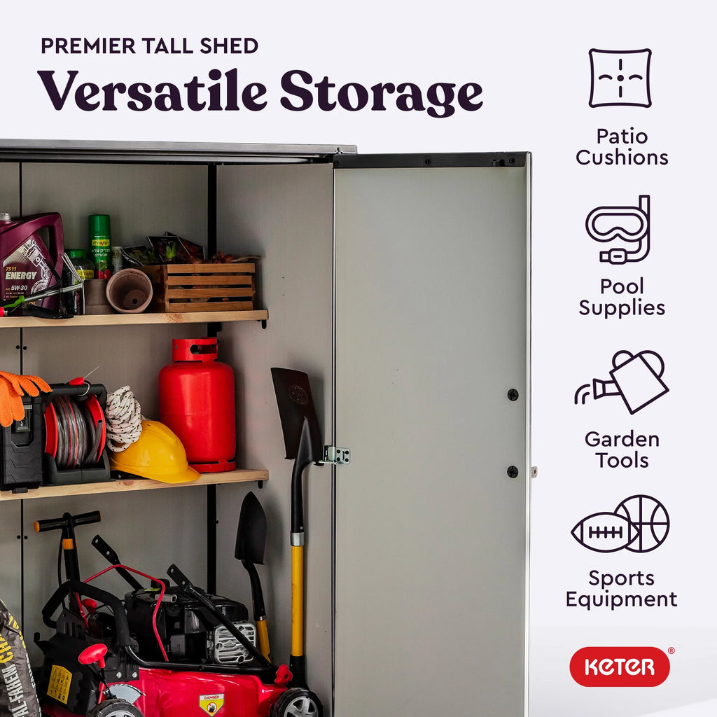 Keter Resin Outdoor Storage Shed With Floor And Locking Double Doors, Grey, 55.1 in L x 29 in W x 67.1 in H - Premier Tall