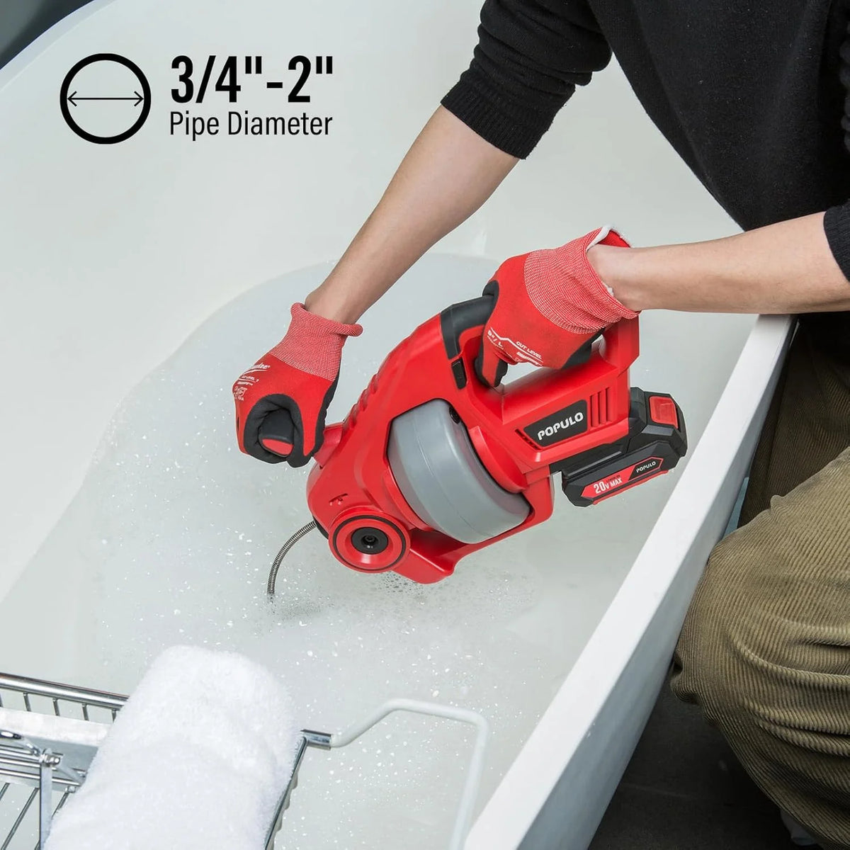 POPULO 20V Cordless Electric Drain Auger, 25 Ft Auto-Feed, 2.0Ah Battery, 3/4 in-2 in Pipes