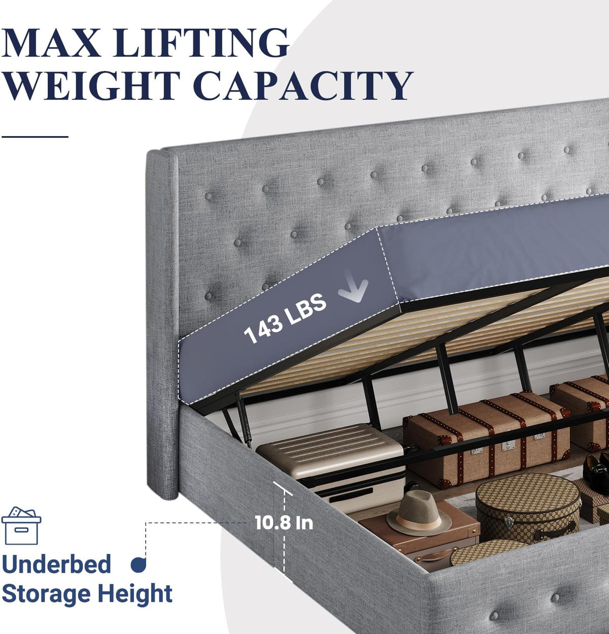 Queen Size Lift-Up Storage Bed With Wingback Headboard, Upholstered Platform Bed Frame With Hidden Storage