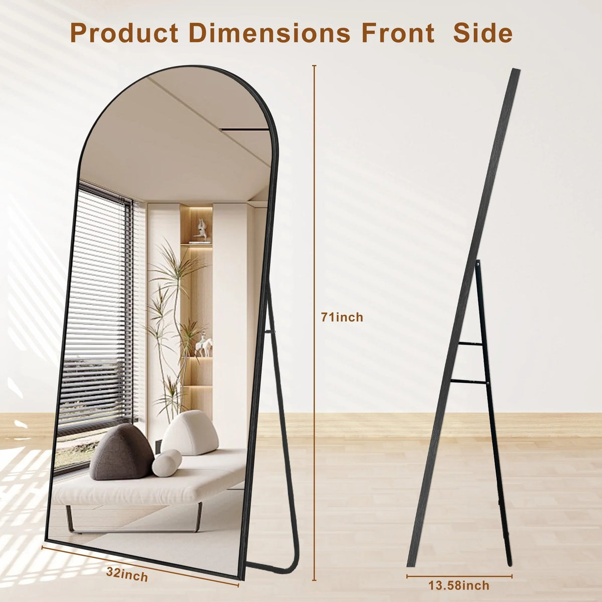 Arched Full Length Floor Mirror With Aluminum Alloy Frame - 65x22, 71x24, 71x28, 71x32