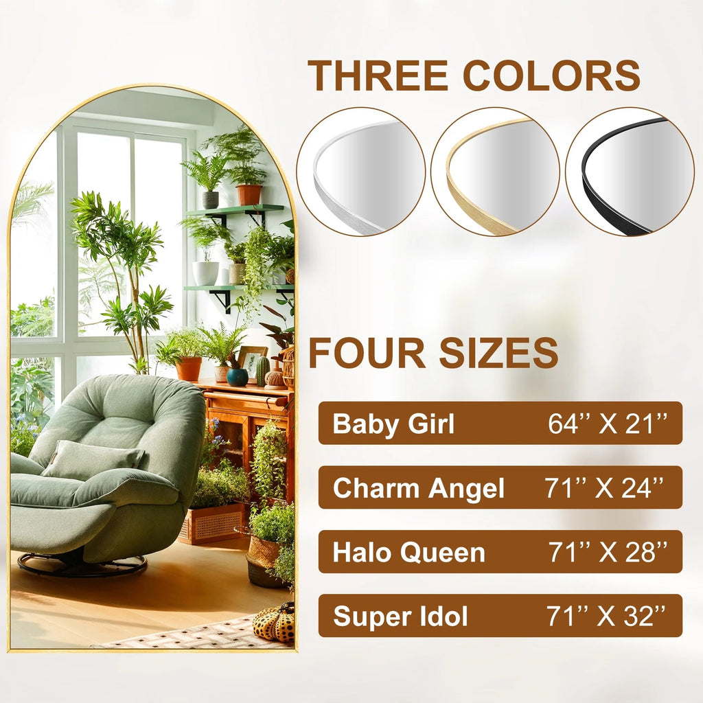 Arched Full Length Floor Mirror With Aluminum Alloy Frame - 65x22, 71x24, 71x28, 71x32