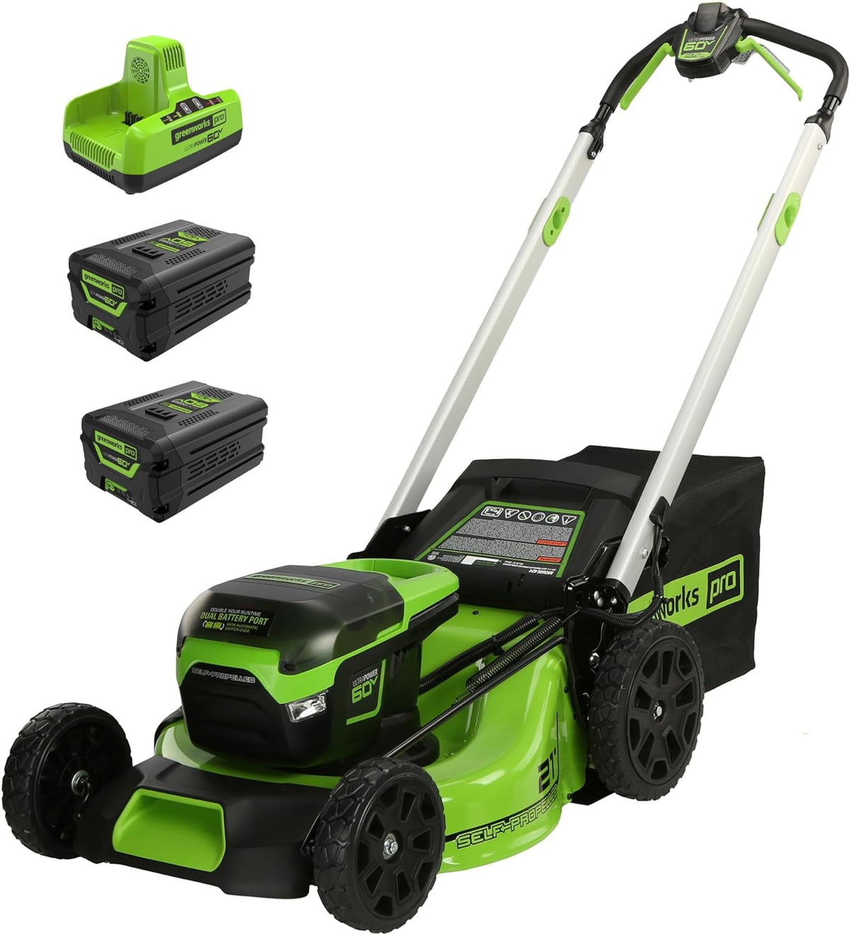 Greenworks 60V 21 Inch Cordless Self-Propelled Lawn Mower - 2 x 4.0Ah Batteries And Dual Port Rapid Charger